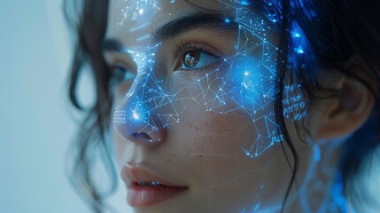 A cybernetic image of a female anthropomorphic figure working on matrix data on a virtual interface. The head or face is that of an artificial intelligence with a brain looking at information and