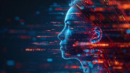 In this image, a cybernetic anthropomorphic woman approaches matrix data on a virtual interface. It shows the head or face of artificial intelligence, looking at information and instructing neural