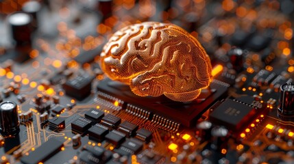 An artificial intelligence, machine learning, deep learning blockchain neural network concept. The brain is made with multiple blockchain processors on a circuit board, 3D rendered with a shining