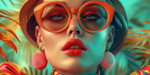 Obraz premium Retro style pastel colors summer background. Fashion woman wearing big sunglasses.