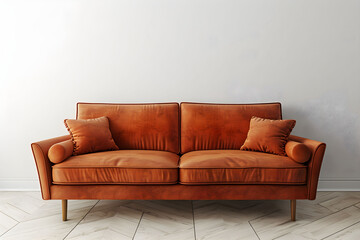 Terracotta sofa near the white wall with shadows. Minimalistic interior for mockup with copy space.