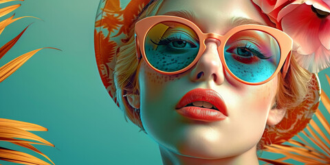 Obraz premium Retro style pastel colors summer background. Fashion woman wearing big sunglasses.