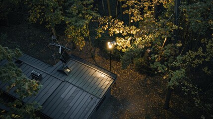 Motion sensor searchlight mounted on a metal rooftop to illuminate the backyard and its surroundings