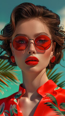 Fototapeta premium Retro style pastel colors summer background. Fashion woman wearing big sunglasses.