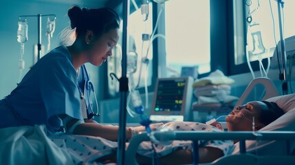 Young nurse in ICU carefully checking the vitals of an unconscious patient, demonstrating dedication and care in a high-stress medical environment.