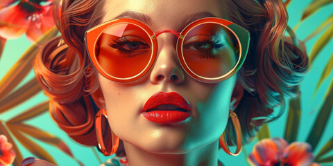 Fototapeta premium Retro style pastel colors summer background. Fashion woman wearing big sunglasses.
