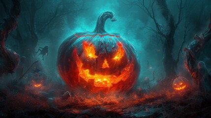 A Jack O Lantern With Glowing Eyes in the Middle of a Forest - Generative AI