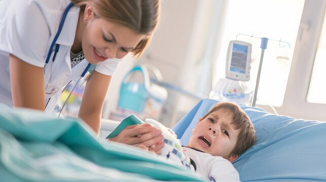 Female nurse comforting a young, distressed boy in a hospital bed, providing emotional support and care amidst the medical environment.