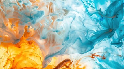 Obraz premium Sky blue and amber paint cascading, Ink Enchantment, gentle radiance emanates from fluid flows, macro photo