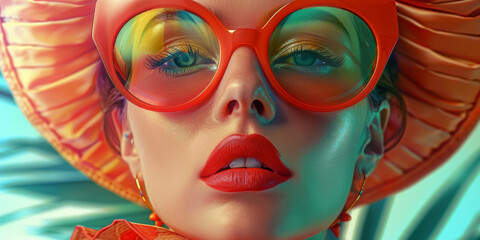 Obraz premium Retro style pastel colors summer background. Fashion woman wearing big sunglasses.