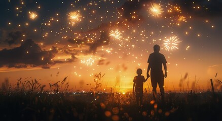 Two Silhouettes Watching Fireworks Over a Cityscape at Night