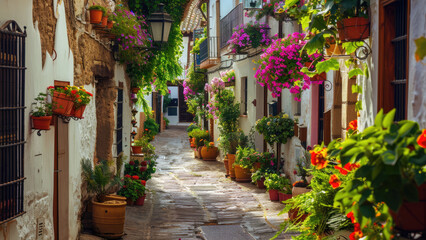 Charming Narrow Alleyway with Colorful Flower Pots and Cobblestone Path in a Mediterranean Village

