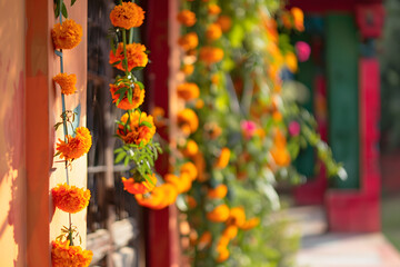 Marigold garlands draping along the house's exterior, Day of the Dead, blurred background