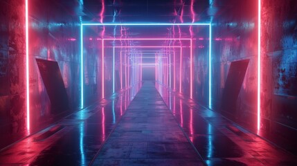 Neon Lights Illuminate Empty Concrete Corridor