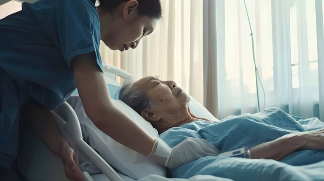 A caring nurse in blue scrubs comforts an elderly Asian patient in a healthcare setting, showcasing compassion and dedication.