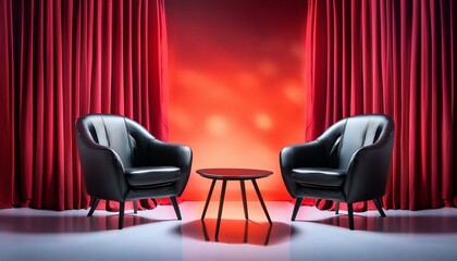 Fauteuils noirs et table basse sur scène de théâtre avec rideaux rouges