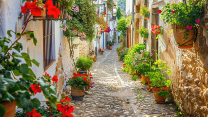 Charming Narrow Alleyway with Colorful Flower Pots and Cobblestone Path in a Mediterranean Village

