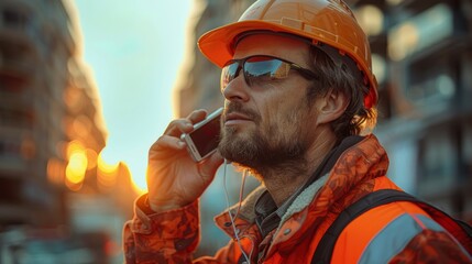 Standing on his hardhat, a construction worker talks on his mobile phone. The handsome construction worker is on the phone. Men engineering standing at the telephone.