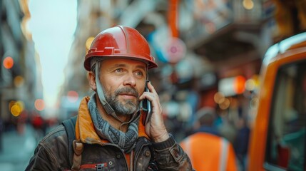 Men engineering standing a phone call in their hardhats. Handsome construction worker on mobile phone copy space. - obrazy, fototapety, plakaty
