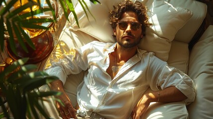 View of a tired mover relaxing on a white sofa next to a glass table from a high angle