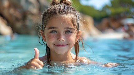 An adorable little girl shows her thumb up while swimming in the sea on a warm summer day. We are enjoying our vacation with our kids.