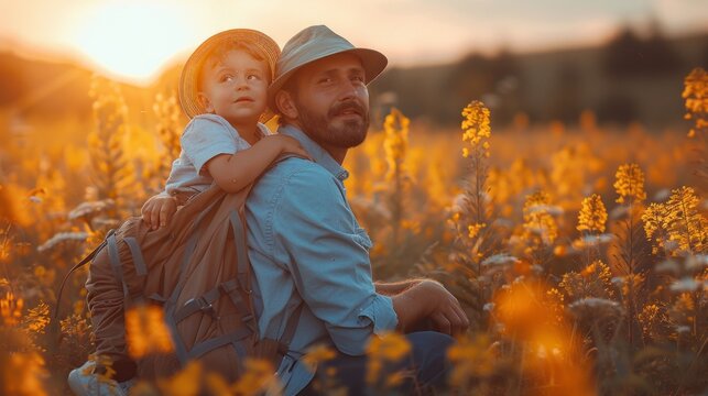 This is a picture of a father and his son playing and hugging outside. It is a Father's Day portrait.