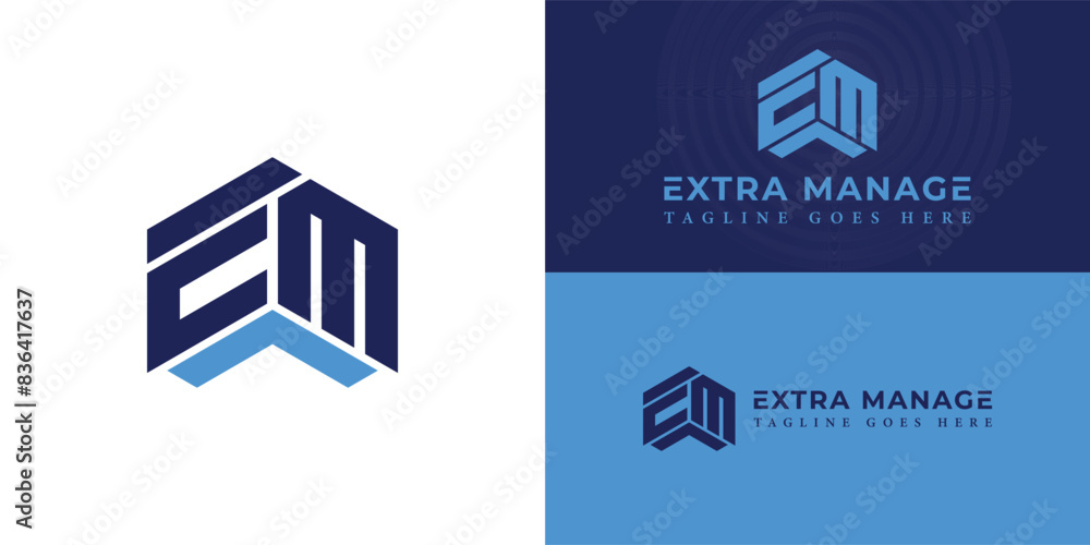 Poster abstract initial hexagon letters em or me logo in blue color isolated on multiple background colors.