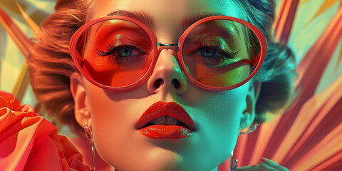 Obraz premium Retro style pastel colors summer background. Fashion woman wearing big sunglasses.