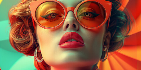 Obraz premium Retro style pastel colors summer background. Fashion woman wearing big sunglasses.