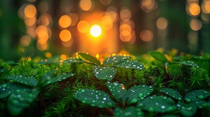 Natural background, texture. Water droplets in moss on a sunset background