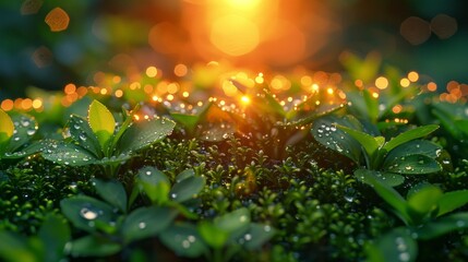 Water droplets on moss with a sunset background.