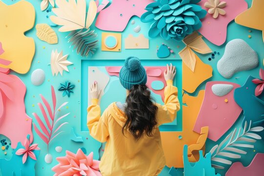 A woman is seen from behind as she interacts with a colorful and whimsical paper art installation featuring playful shapes, creating engaging graphics for social media posts. Social media manager