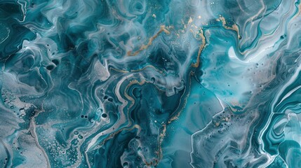 Naklejka premium Teal and silver paint intertwining, Ink Legacy, soft shimmer arises from aqueous paths, research photo