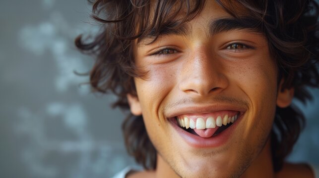 Wearing casual clothes, young handsome man sticks out his tongue in happiness with a funny expression. Young man with an emotion concept.