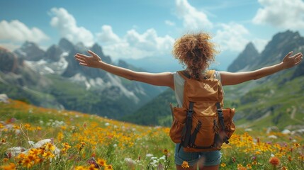 Woman standing in nature with open hands in summer with her back to the mountains. Eco-friendly, summer landscape active rest, woman in the mountains.