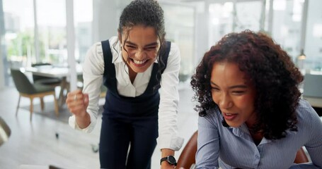 Happy woman, fist bump and celebration with team for winning, promotion or congradulations at office. Excited female person, colleagues or young employees touching for business success or good news