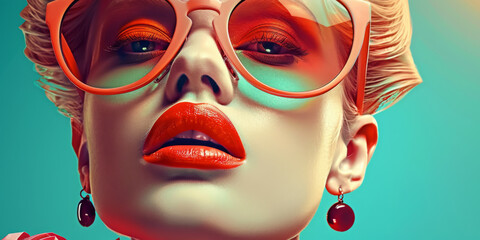 Fototapeta premium Retro style pastel colors summer background. Fashion woman wearing big sunglasses.