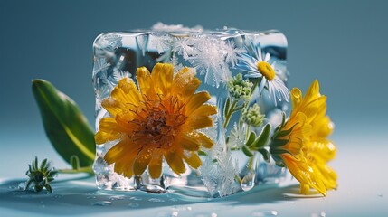 Blue background with ice cubes and frozen yellow dandelion flowers.