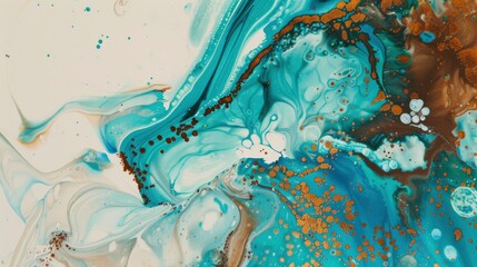 Fototapeta premium Turquoise and brown paint blending, Ink Solstice, tranquil gleam emanates from liquid trails, keepsake