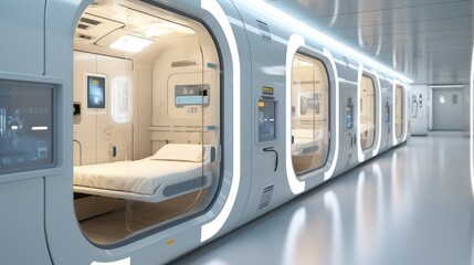 Modular Treatment Pods in modern hospital. Adaptable spaces for medical procedures and patients comfort