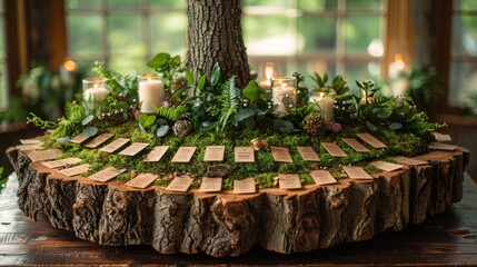 Wedding seating plan and rustic wedding decor. Moss, bark, wood crafting cards.