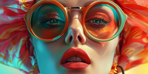 Obraz premium Retro style pastel colors summer background. Fashion woman wearing big sunglasses.