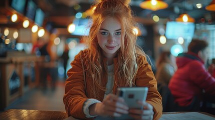 An administrative manager holds a cellular phone while reading text for a meeting while using multiple devices on a desk. A happy woman checks her e-mail at a cafe with her laptop. A happy woman with