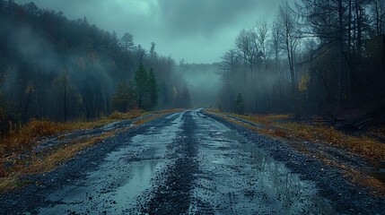 Desaturated, vintage photo of a park road surrounded by trees