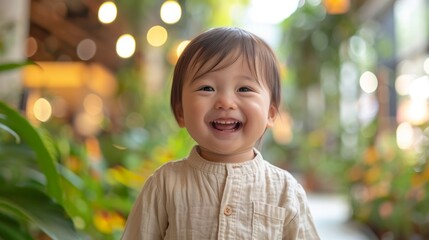 Happy time with toddler asian boy in garden coffee park