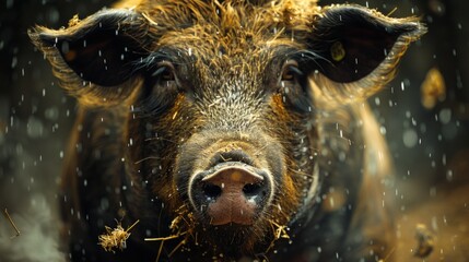 Naklejka premium The butcher burns the pig hair off with dry straw before slaughter.