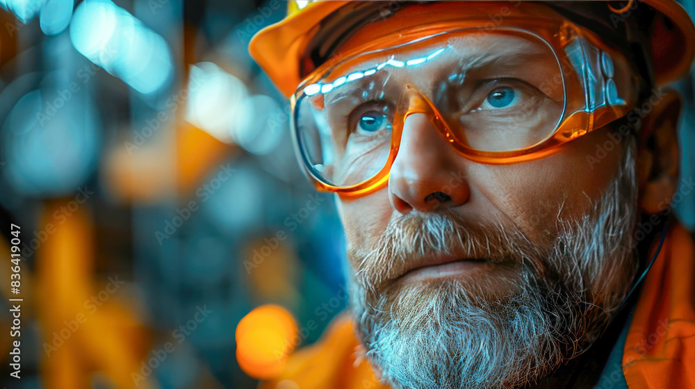 Poster engineer builder with helmet and blueprints at construction site background