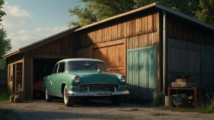 Fototapeta premium Old retro car in the garage of a car repair shop. Selective focus