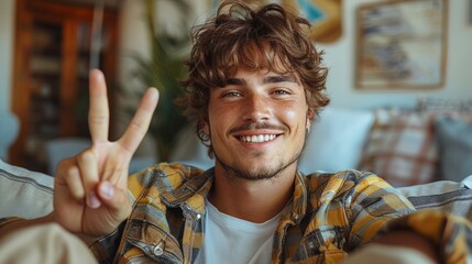 An attractive young man wearing casual clothes is smiling with a happy face and giving the victory sign to the camera.