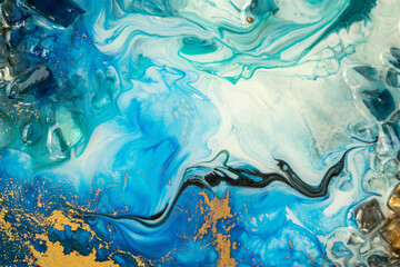 Closeup of resin art painting with blue sea waves mixing vibrant pigments and colors. Texture of...